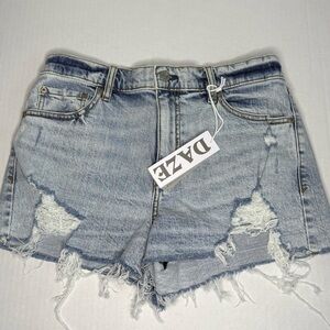 DAZE Light Blue Distressed High-Waist Denim Shorts